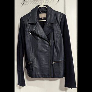 Banana Republic - Navy Blue Lamb Leather Jacket Moto Biker Wool Sleeves - L